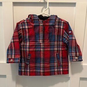 Kids GAP Red and Blue Plaid Hooded Full Zip Up Lite Weight Jacket 12-18 months